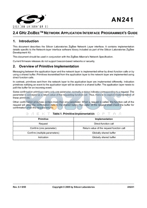 AN241 datasheet - 2.4 GHZ ZIGBEENETWORK APPLICATION INTERFACE PROGRAMMERS GUIDE