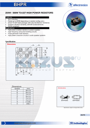 BHPR500500J datasheet - 250W / 300W TO-227 HIGH POWER RESISTORS