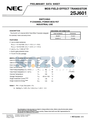 2SJ601 datasheet - SWITCHING P-CHANNEL POWER MOS FET INDUSTRIAL USE