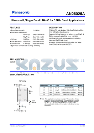 AN26025A datasheet - Ultra small, Single Band LNA-IC for 5 GHz Band Applications