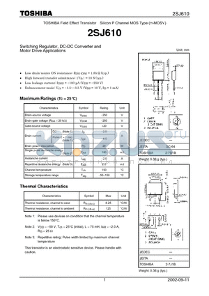 2SJ610 datasheet - Switching Regulator, DC-DC Converter and Motor Drive Applications