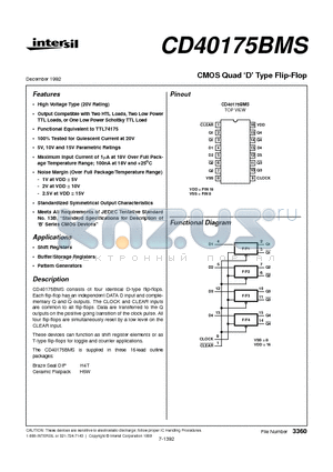 CD40175BMS datasheet - CMOS Quad D Type Flip-Flop