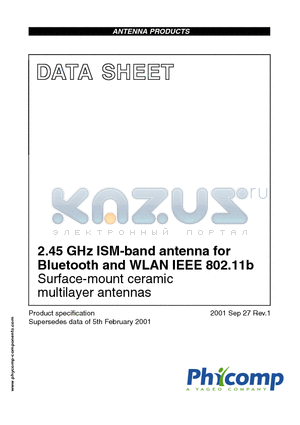 AN2700000707054B datasheet - 2.45 GHz ISM-band antenna for Bluetooth and WLAN IEEE 802.11b