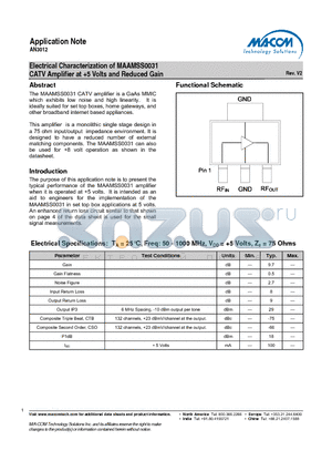 AN3012 datasheet - Electrical Characterization of MAAMSS0031 CATV Amplifier at 5 Volts and Reduced Gain