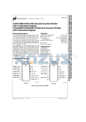 CD4017BCN datasheet - Decade Counter/Divider with 10 Decoded Outputs, Divide-by-8 Counter/Divider with 8 Decoded Outputs