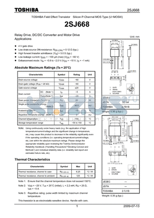 2SJ668 datasheet - Relay Drive, DC/DC Converter and Motor Drive