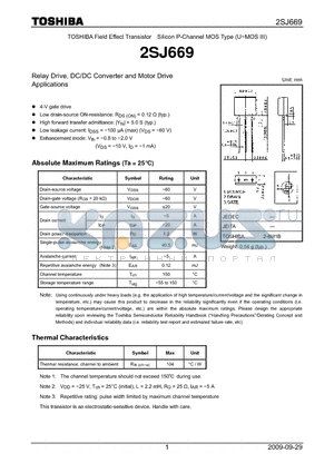 2SJ669 datasheet - Relay Drive, DC/DC Converter and Motor Drive