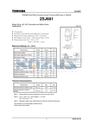 2SJ681 datasheet - TOSHIBA Field Effect Transistor Silicon P Channel MOS Type (U−MOSIII)