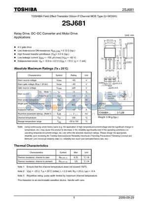2SJ681 datasheet - TOSHIBA Field Effect Transistor Silicon P Channel MOS Type (U−MOSIII)