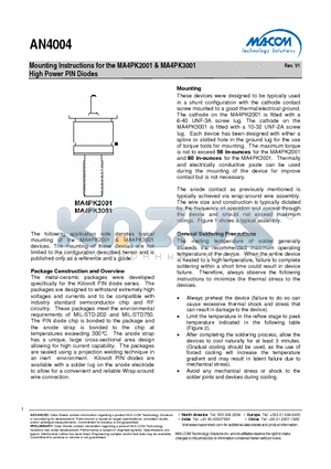 AN4004 datasheet - Mounting Instructions for the MA4PK2001 & MA4PK3001 High Power PIN Diodes