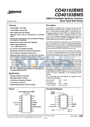 CD40192 datasheet - CMOS Presettable Up/Down Counters (Dual Clock With Reset)