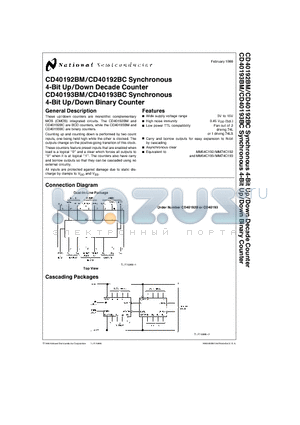 CD40192 datasheet - Synchronous 4-Bit Up/Down Decade Counter