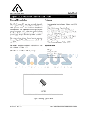 AN431 datasheet - ADJUSTABLE PRECISION SHUNT REGULATORS