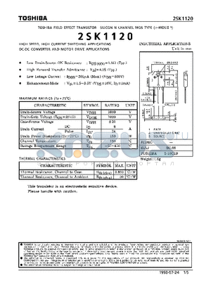 2SK1120 datasheet - N CHANNEL MOS TYPE (HIGH SPEED, HIGH CURRENT SWITCHING, DC-DC CONVERTER AND MOTOR DRIVE APPLICATIONS)