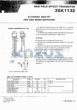 2SK1132 datasheet - N-CHANNEL MOS FET FOR HIGH SPEED SWITCHING