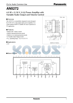 AN5272 datasheet - 4.0 W X 2 (18 V, 8 ohm) Power Amplifier with Variable Audio Output and Volume Control