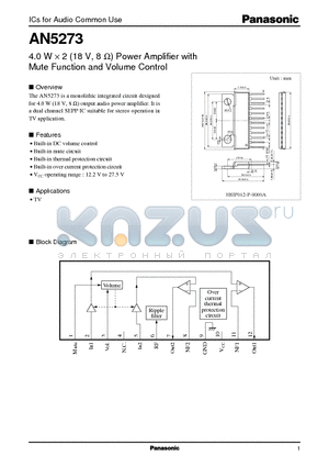 AN5273 datasheet - 4.0 W X 2 (18 V, 8 ohm) Power Amplifier with Mute Function and Volume Control