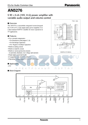 AN5276 datasheet - 5 W X 2-ch (19V, 8 ohm) power amplifier with variable audio output and volume control