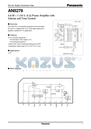 AN5278 datasheet - 4.8 W X 1 (18 V, 8 ohm) Power Amplifier with Volume and Tone Control