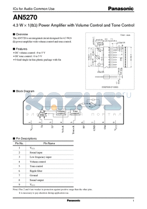 AN5270 datasheet - 4.3 W X 1(8ohm) Power Amplifier with Volume Control and Tone Control