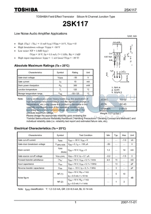 2SK117 datasheet - Silicon N Channel Junction Type Low Noise Audio Amplifier Applications