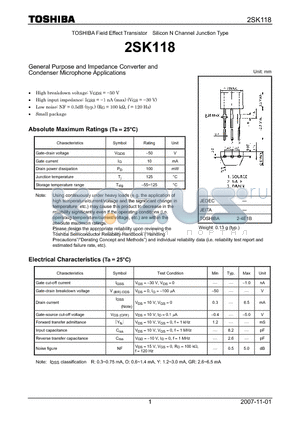 2SK118 datasheet - Silicon N Channel Junction Type General Purpose and Impedance Converter and Condenser Microphone Applications