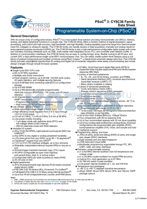 CY8C3665LTI-044 datasheet - Programmable System-on-Chip (PSoC^)