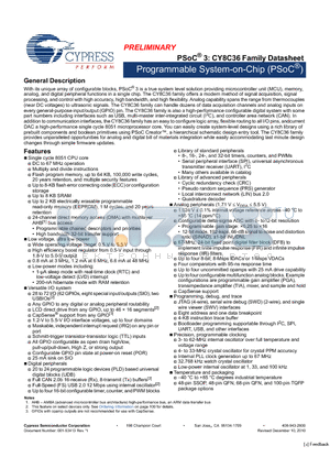 CY8C3665AXI-010 datasheet - Programmable System-on-Chip (PSoC^)