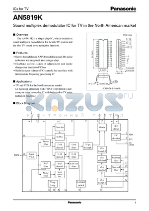 AN5819K datasheet - Sound multiplex demodulator IC for TV in the North American market