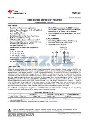 CD4021BQDRQ1 datasheet - CMOS 8-STAGE STATIC SHIFT REGISTER