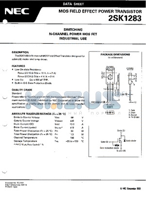 2SK1283 datasheet - SWITCHING N-CHANNEL POWER MOS FET INDUSTRIAL USE