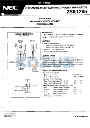 2SK1285 datasheet - SWITCHING N-CHANNEL POWER MOS FET INDUSTRIAL USE