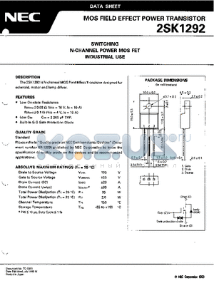 2SK1292 datasheet - SWITCHING N-CHANNEL POWER MOS FET INDUSTRIAL USE