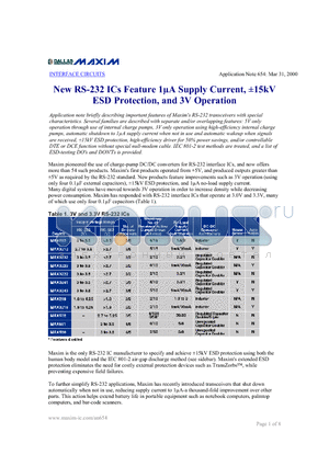 AN654 datasheet - New RS-232 ICs Feature 1uA Supply Current, 15kV ESD Protection, and 3V Operation