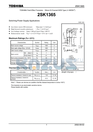 2SK1365 datasheet - FET, Silicon N Channel MOS Type(for High Speed, High Current Switching, Switching Power Supply)