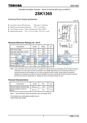 2SK1365 datasheet - Silicon N Channel MOS Type  Switching Power Supply Applications