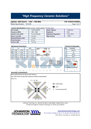 1472CH15A050 datasheet - Splitter, 3dB Hybrid; 1452 - 1492 MHz