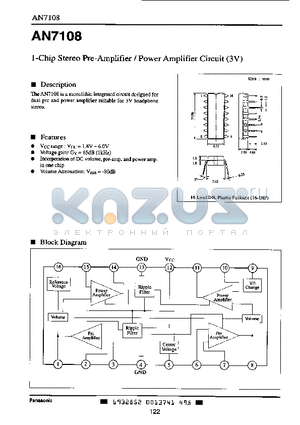 AN7108 datasheet - 1-Chip Stereo Pre-Amplifier/Power Amplifier Circuit (3V)