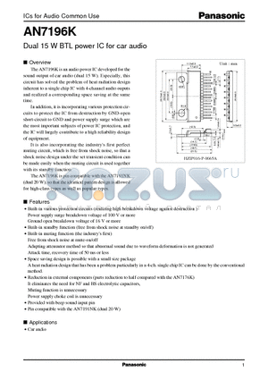 AN7196 datasheet - Dual 15 W BTL power IC for car audio