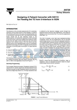 AN728 datasheet - Designing A Flyback Converter with Si9113 for Feeding the TE from U-Interface In ISDN