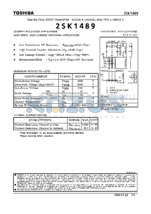 2SK1489 datasheet - N CHANNEL MOS TYPE (CHOPPER REGULATOR, HIGH SPEED, HIGH CURRENT SWITCHING APPLICATIONS)