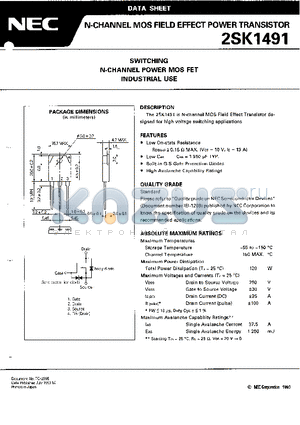 2SK1491 datasheet - SWITCHING N-CHANNEL POWER MOS FET INDUSTRIAL USE