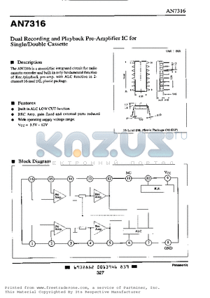 AN7316 datasheet - DUAL RECORDING AND PLAYBACK PRE-AMPLIFIER IC FOR SINGLE/DOUBLE CASSETTE