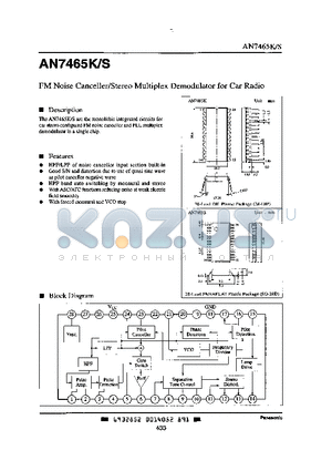 AN7465K-S datasheet - FM NOISE CANCELLER/STEREO MULTIPLEX DEMODULATOR FOR CAR RADIO