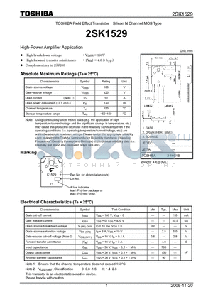2SK1529 datasheet - N CHANNEL MOS TYPE (HIGH POWER AMPLIFIER APPLICATIONS)