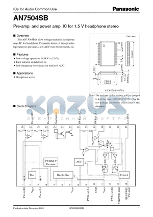 AN7504SB datasheet - Pre-amp. and power amp. IC for 1.5 V headphone stereo