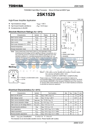 2SK1529 datasheet - High-Power Amplifier Application