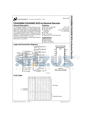 CD4028BCJ datasheet - BCD-to-Decimal Decoder