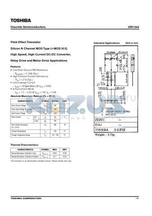 2SK1544 datasheet - N Channel MOS Type (pie -MOS III.5) High Speed, High Current DC-DC Converter, Relay Drive and Motor Drive Applications