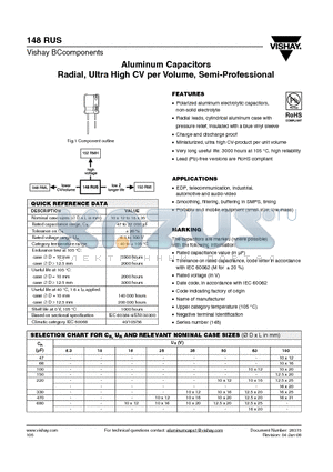 148RUS datasheet - Aluminum Capacitors Radial, Ultra High CV per Volume, Semi-Professional